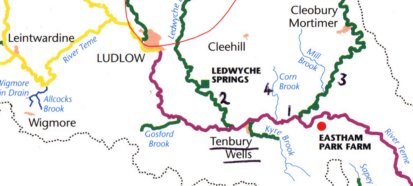 Map of the area of fishing by the Teme Valley fishing Club
